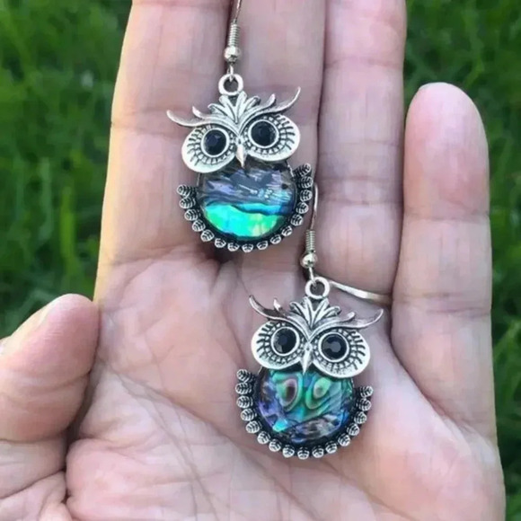 Mama Bling Jewelry - Owl Bird Earrings Real Abalone Tibetan Silver Drop Earrings NWT